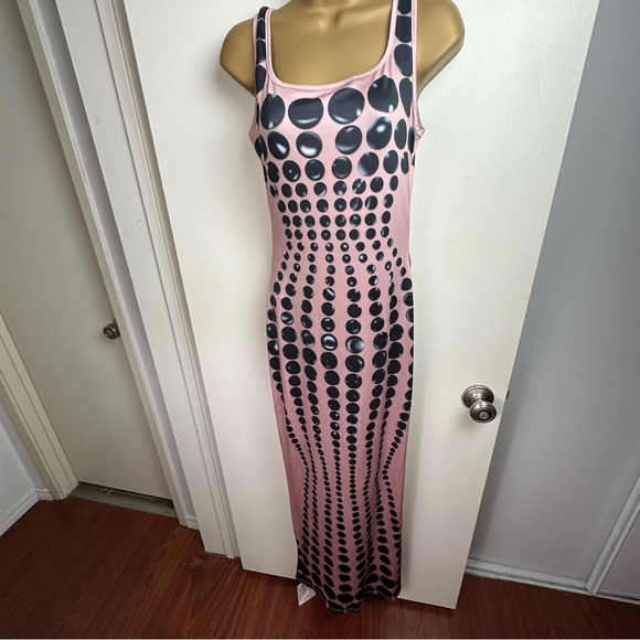 Mew Mew Ishi Black Dot Printed Form Fitting Women’s Maxi Dress In Blush NWT S - Picture 6 of 16